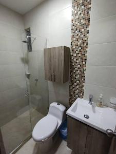 La salle de bains est pourvue de toilettes, d'un lavabo et d'une douche. dans l'établissement Apto amoblado al lado del Centro Comercial Jardín Plaza, à Cúcuta