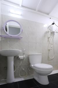 a bathroom with a toilet and a sink and a mirror at Surf Yoga Camp in Thulusdhoo