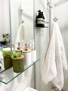 uma casa de banho com uma prateleira de vidro com plantas e toalhas em Квартира художника в ЖК Толе Би em Astana