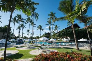 a resort pool with palm trees and tables and umbrellas at Marulhos Resort Beach - 2 quartos & 1 quarto in Porto De Galinhas