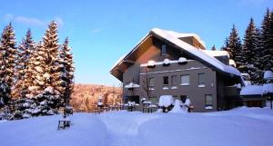 een groot gebouw in de sneeuw met sneeuw bedekte bomen bij Resident Harrachov Family apartment in Harrachov