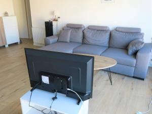 - un salon avec une télévision et un canapé dans l'établissement Appartement Trébeurden, 3 pièces, 4 personnes - FR-1-368-212, à Trébeurden