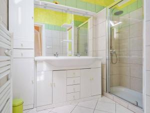 La salle de bains est pourvue d'un lavabo et d'une douche. dans l'établissement Maison Pleumeur-Bodou, 4 pièces, 6 personnes - FR-1-368-187, à Pleumeur-Bodou