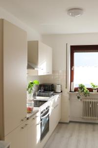 een keuken met witte kasten en een fornuis met oven bij Chiemsee /Seeblick/ Netflix in Seeon-Seebruck