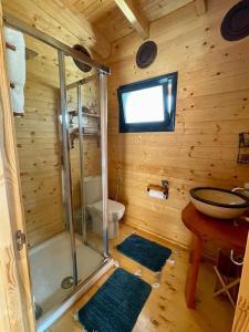 a bathroom with a shower and a toilet and a sink at The lodge in Mesongi