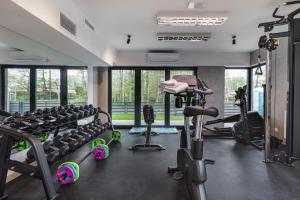 un gimnasio con cintas de correr, equipos de ejercicio y ventanas en Luxurious Little Laguna Apartments SPA & Gym by Renters Prestige, en Międzywodzie