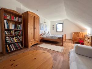 a living room with a bed and a book shelf at Ferienhaus Elisabeth-Erzgebirge in Olbernhau