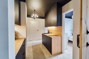 cocina con armarios de madera y lavabo en una habitación en LAGUNA Villa Fonte 10, en Polanica-Zdrój