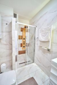 La salle de bains est pourvue d'une douche et de toilettes. dans l'établissement Apartament Willa Ogrodowa 18, à Polanica-Zdrój