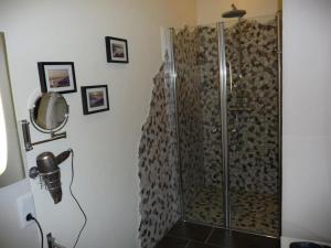 a shower in a bathroom with a glass shower stall at Chalet Heide in Winterberg