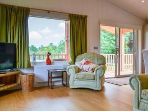 a living room with a chair and a television at The Alpaca Lodge in Arlecdon