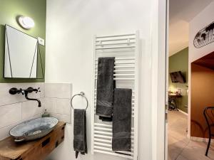 a bathroom with a sink and a mirror at Studio LA RECYCLERIE - Maison 1911 - confort & prestige in Gien