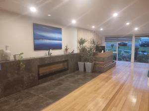 a living room with a fireplace and a tv on the wall at Diamond Island Resort & Bicheno Penguin Show in Bicheno