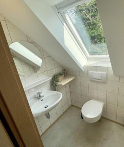 La salle de bains est pourvue d'un lavabo et de toilettes avec une lucarne. dans l'établissement ferienhofEICHENBERG, à Haundorf