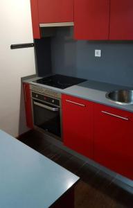 a red kitchen with a stove and a sink at Ático,loft ,duplex in Madrid