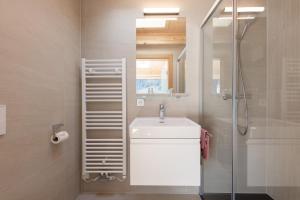y baño con lavabo y ducha. en Pension Gulla - Ferienhaus Appartements B&B, en Neustift im Stubaital