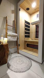 a small bathroom with a fireplace and a rug at MAPLE place in Pivka