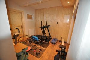 un gimnasio con equipamiento de ejercicio en una habitación en Kärnten Appartements, en Velden am Wörthersee