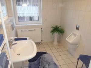 baño con lavabo, urinario y aseo en Ferienwohnung Leezdorf, en Leezdorf 12 fotos más