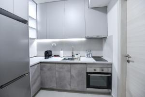 a small kitchen with white cabinets and a sink at Petar's aparment luxury new in Skopje +9 photos
