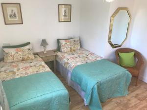 1 dormitorio con 2 camas, espejo y silla en Kingsmills Cottages, en Artrea