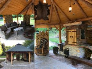 three pictures of a wooden pavilion with a fireplace at Leśniczówka domek sauna jeziorko w lesie na wyłączność in Straszydle