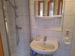 a bathroom with a sink and a shower at Darß Stuv in Born