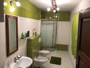 łazienka z umywalką, toaletą i prysznicem w obiekcie Leśniczówka domek sauna jeziorko w lesie na wyłączność w mieście Straszydle