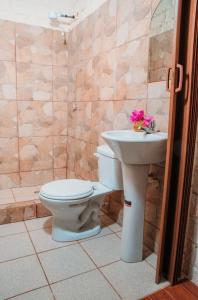 a bathroom with a toilet and a sink at Hacienda CacaoyMango in Naranjal