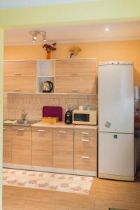 cocina con armarios de madera y nevera blanca en Green Lake Airport Apartments, en Vecsés