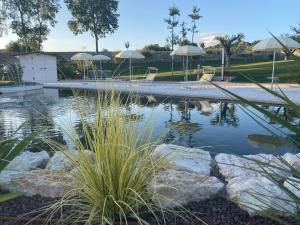 a pond with rocks and umbrellas in a park at Agriturismo Ortaglia Bardolino in Bardolino