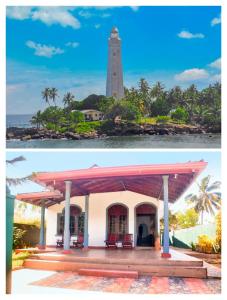 a lighthouse on the beach next to a building at Himashi Sea View Homestay in Gandara East