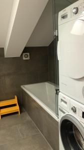 La salle de bains est pourvue d'un lave-linge et d'un sèche-linge. dans l'établissement Ferienhaus OttoKeck, à Immenstadt