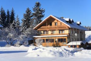 a house in the snow with snow covered trees at Pension Wiesengrund in Neuschönau