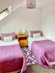 2 camas en una habitación con mantas moradas en Kingsmills Cottages, en Artrea