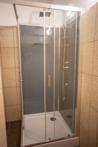 a shower with a glass door in a bathroom at Niki Apart Pension in Gheorgheni