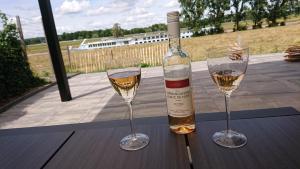 two glasses of white wine sitting on a table at Cube IJsselzicht in Lathum