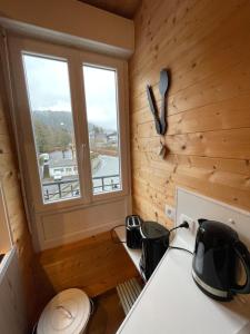 a tiny kitchen with a counter and a window at Appt lumineux centre ville du Mont Dore Vue Sancy in Le Mont-Dore