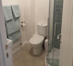 a bathroom with a toilet and a glass shower at The Studio in Felpham