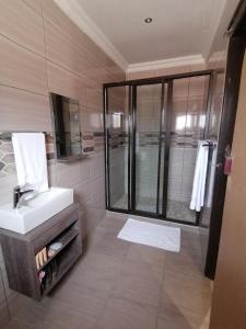 a bathroom with a sink and a shower at Rondy Bosch Lodge in Louis Trichardt