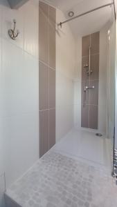 W łazience znajduje się prysznic ze szklanymi drzwiami. w obiekcie La Maison de Sylvie, chambres d'hôtes à Tarbes w mieście Tarbes