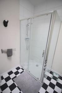 a bathroom with a shower and a checkered floor at Charmant appart 2 ch avec terrasse en centre ville in Liège