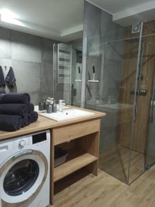 a bathroom with a washing machine and a shower at Apartamenty Rodzinne Deluxe, Suite w budynku Baltin in Sarbinowo