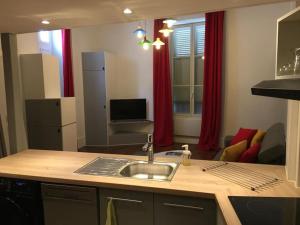 kuchnia ze zlewem i kuchnia z czerwonymi zasłonami w obiekcie Hyper Centre Orléans : Magnifique appartement w Orleanie