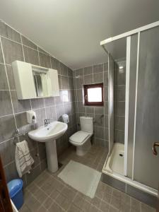 uma casa de banho com um lavatório, um WC e um chuveiro em Ribarska Priča-Restoran pansion Prijedor em Prijedor