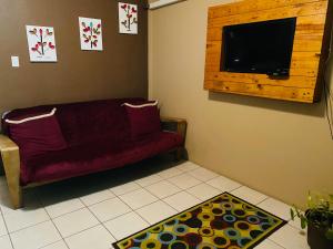 uma sala de estar com um sofá vermelho e uma televisão de ecrã plano em City Garden 2 Apartment em Cidade de Belize