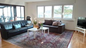 a living room with a couch and a table and a tv at Ferienwohnung Alter Weinberg in Saarburg