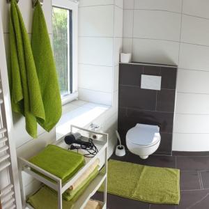 a bathroom with a toilet and a green towel at Ferienhaus Annemarie in Ludmannsdorf