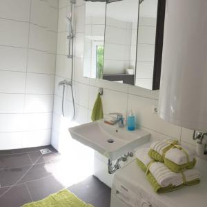 Baño blanco con lavabo y espejo en Ferienhaus Annemarie en Ludmannsdorf