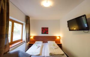 a bedroom with a bed and a flat screen tv at Lipno Lake Resort in Lipno nad Vltavou